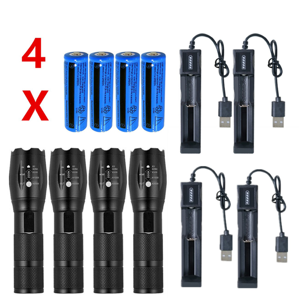 4套USB可充电LED手电筒可调焦户外5模式手电筒+电池+USB充电器套装(各平台政策不同，链接已附相关资质，如无所需资质请勿上架)-5