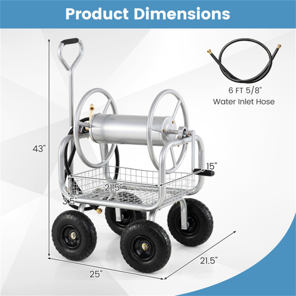 重型花园软管卷盘车，带10英寸气动轮，大容量软管卷取机，带储物篮和黄铜配件 -  银色-5