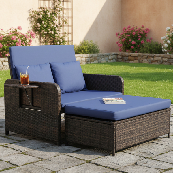 情人椅+储物脚凳 靠背可调节  带杯托 棕色渐变藤条 蓝色垫子 编藤躺床-8