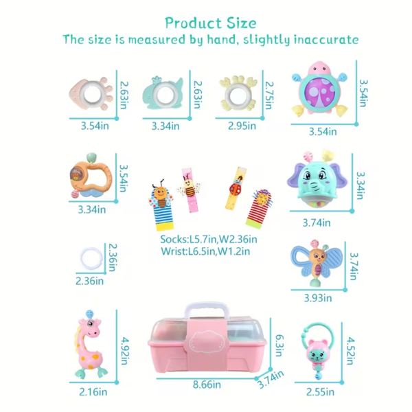 婴儿摇铃与牙胶套装——0-6个月宝宝玩具，3-6个月出牙期玩具，触感柔软、声音轻柔、易抓握的感官玩具，中性新生儿礼物-3