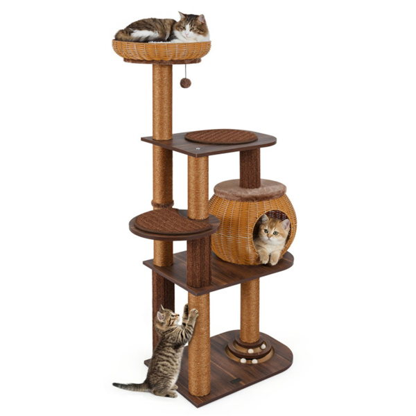 59.5英寸藤编猫树带猫公寓和顶层Perch多层猫塔-3