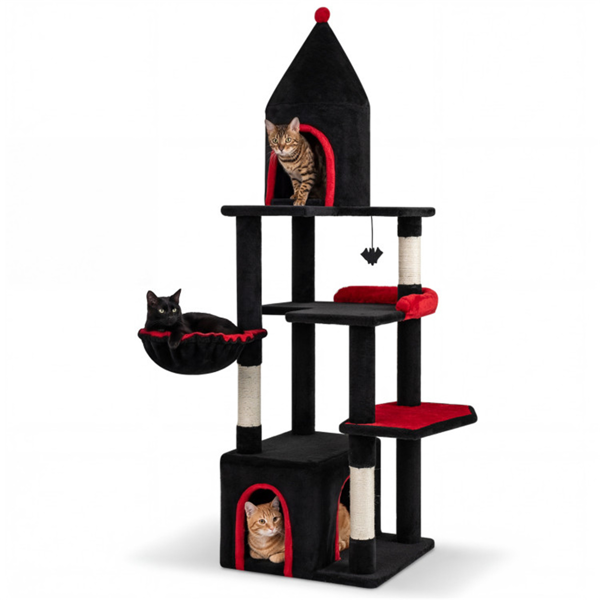哥特式5层猫树63“高，剑麻抓柱黑红猫塔-3