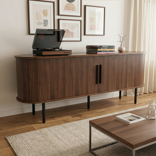 胡桃色 浮雕 刨花板 椭圆台面 147*35*58cm 推拉格栅门 电视柜-2