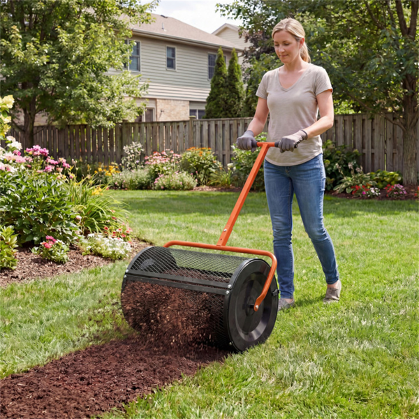 27英寸×16英寸草坪肥料撒布机，带钻石网无结块花园堆肥撒布机-橙色-2