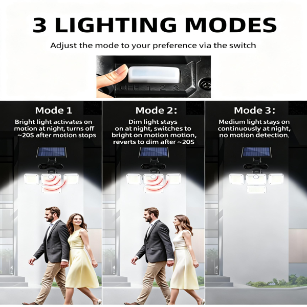 带运动传感器的太阳能户外灯，333颗LED广角灯珠，3种模式，270°照射角度，日光白光，遥控，防水壁灯，适用于车库、庭院，2026新款-5