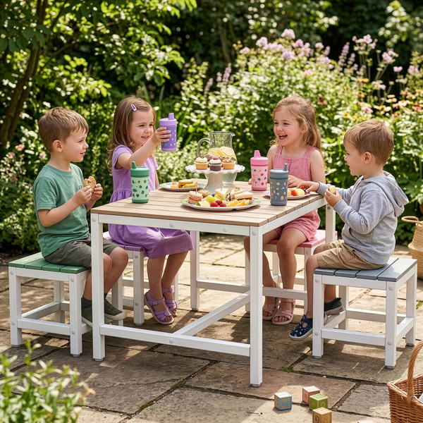 5pcs 1pc桌子+4pcs凳子 29.5in 卡其粉紫蓝绿拼色 儿童庭院桌椅套装 杨木-6