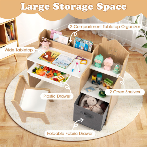 儿童桌椅套装，带储物抽屉，适用于游戏室卧室的房屋形书桌- 自然色-10