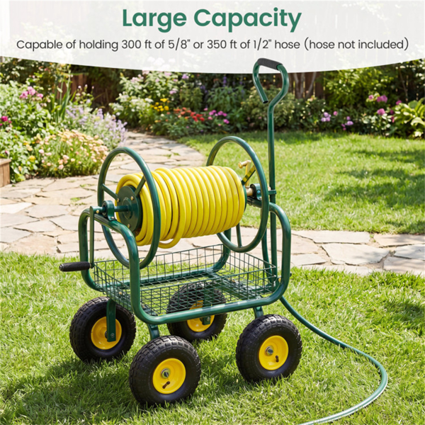 重型花园软管卷盘车，带10英寸气动轮，大容量软管卷取机，带储物篮和黄铜配件 -  绿色-8