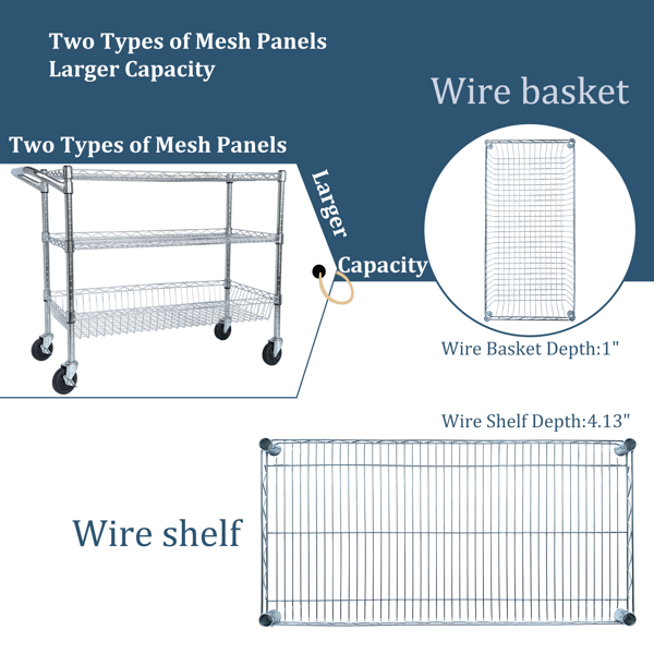 重型滚动式多用途推车，三层带轮推车，带把手和层板衬垫，36英寸x18英寸x32英寸储物推车，适用于厨房、餐厅、植物展示，镀铬--不支持self-pick up且不支持指定仓库发货-7