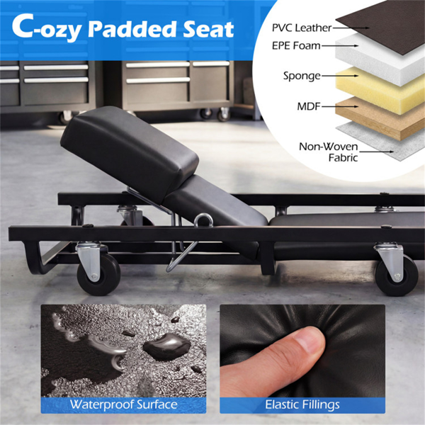 4级可调靠背机械滚动爬行器，重型6旋转脚轮车库维修车，带厚舒适垫-黑色-6
