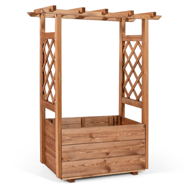 天然松木高架花园床，带格栅和悬挂屋顶，带排水的高架木制花盆箱- 橙色-6