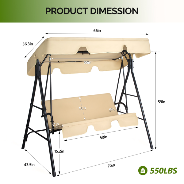 68*43*60inch 卡其色 KD款 带软垫 顶蓬 铁+牛津布 250kg 铁秋千套装-3