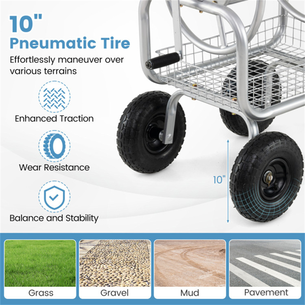 重型花园软管卷盘车，带10英寸气动轮，大容量软管卷取机，带储物篮和黄铜配件 -  银色-10