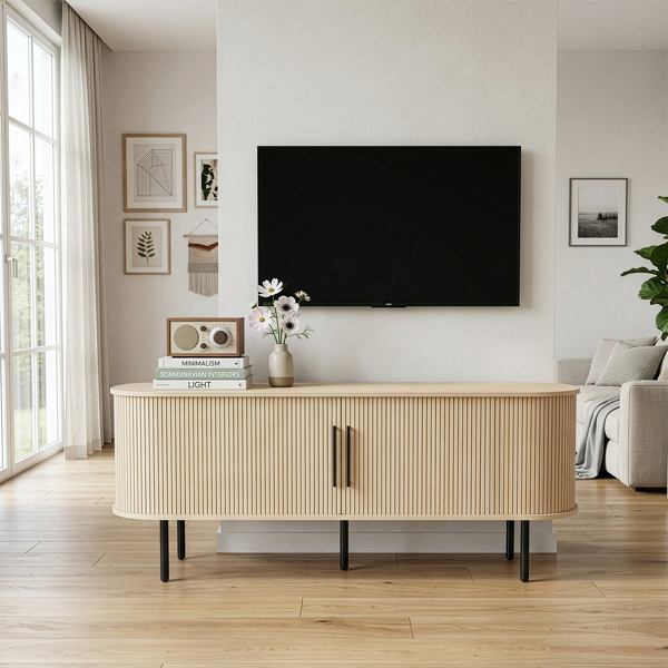 橡木色 浮雕 刨花板 椭圆台面 147*35*58cm 推拉格栅门 电视柜-1