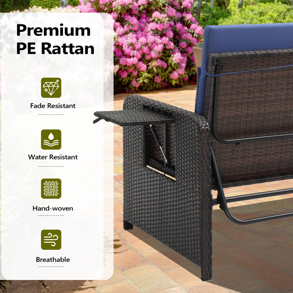 情人椅+储物脚凳 靠背可调节  带杯托 棕色渐变藤条 蓝色垫子 编藤躺床-5