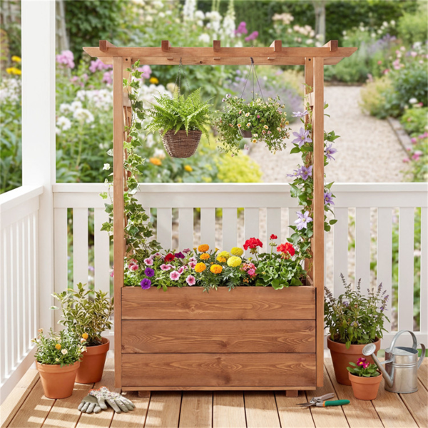 天然松木高架花园床，带格栅和悬挂屋顶，带排水的高架木制花盆箱- 橙色-3
