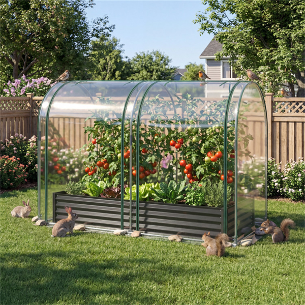 三合一高架花园床，带温室盖130加仑镀锌金属花盆箱 - 黑色-9