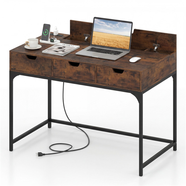 43.5英寸家庭办公桌，内置充电站和3个抽屉隐藏隔间 - 棕色-5