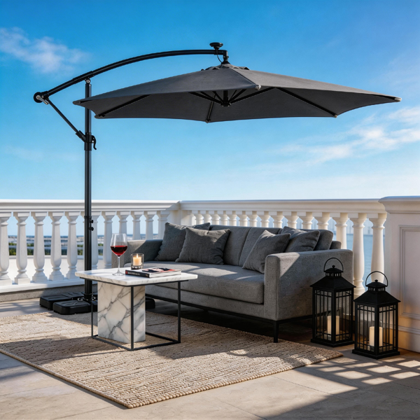 10FT  灰色 香蕉伞 圆形 太阳伞 涤纶布 6铁伞骨 铁直杆弯杆 带立柱脚筒 十字底座 带18灯珠-29