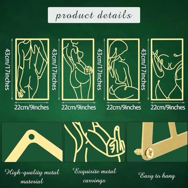 CIFbuy 4 件金属墙饰装饰极简抽象女性墙饰线条画金属线条艺术家居挂饰装饰适用于卧室厨房浴室客厅（现代风格，金色）（TikTok，temu 自提服务）-2