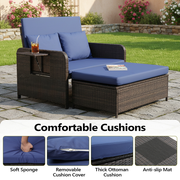 情人椅+储物脚凳 靠背可调节  带杯托 棕色渐变藤条 蓝色垫子 编藤躺床-7