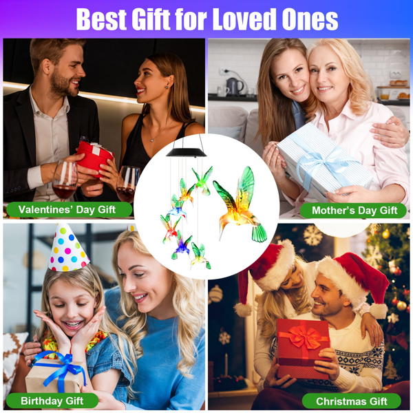 （自提可发加拿大，temu&tk下自提单）蜂鸟造型太阳能风铃，带变色LED灯，防水太阳能风铃，适用于户外花园、露台、阳台及门廊家居装饰，是送给妈妈和女性的圣诞节理想礼物-2pcs-10