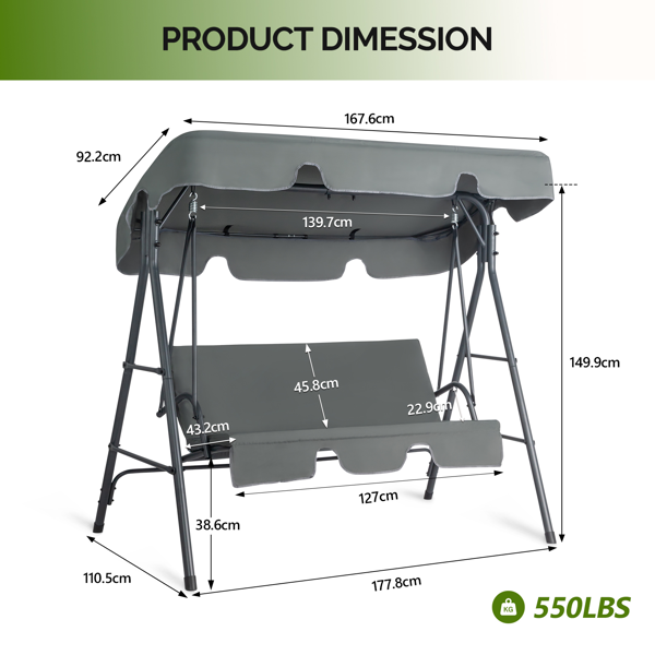 68*43*60inch 深灰色 KD款 带软垫 顶蓬 铁+牛津布 250kg 铁秋千套装-3