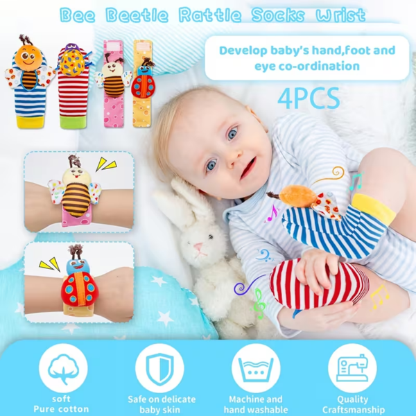 婴儿摇铃与牙胶套装——0-6个月宝宝玩具，3-6个月出牙期玩具，触感柔软、声音轻柔、易抓握的感官玩具，中性新生儿礼物-7