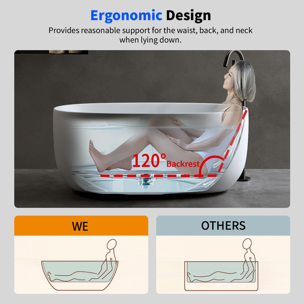 47英寸哑光人造石浴缸，独立式人造石树脂浴缸，哑光白色人造石浸泡浴缸，带溢流口和弹出式排水口的独立式浴缸-5