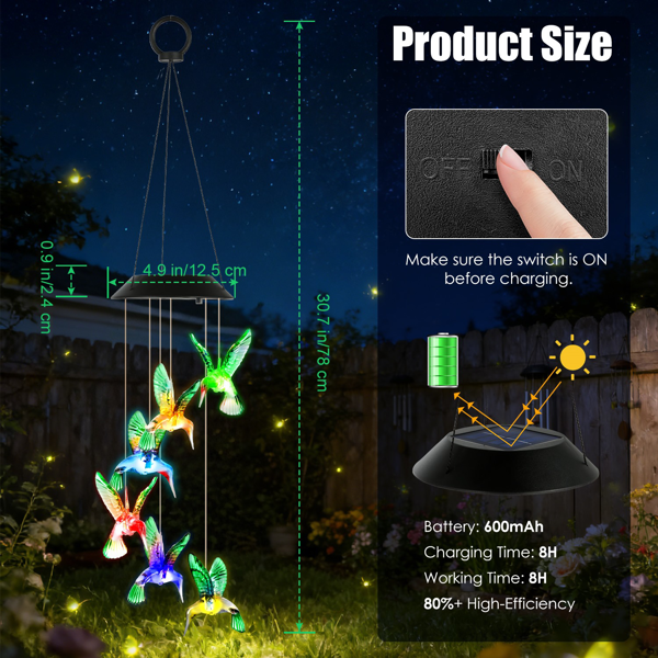 （自提可发加拿大，temu&tk下自提单）蜂鸟造型太阳能风铃，带变色LED灯，防水太阳能风铃，适用于户外花园、露台、阳台及门廊家居装饰，是送给妈妈和女性的圣诞节理想礼物-2pcs-6