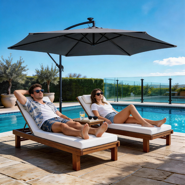 10FT  灰色 香蕉伞 圆形 太阳伞 涤纶布 6铁伞骨 铁直杆弯杆 带立柱脚筒 十字底座 带18灯珠-27