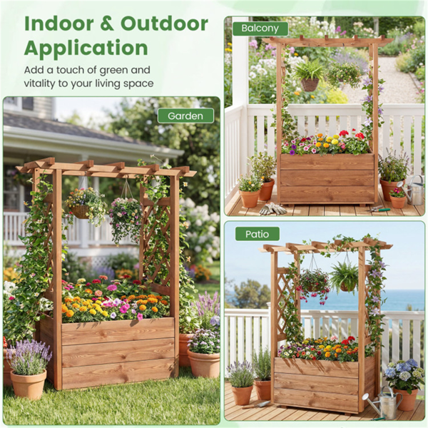 天然松木高架花园床，带格栅和悬挂屋顶，带排水的高架木制花盆箱- 橙色-11