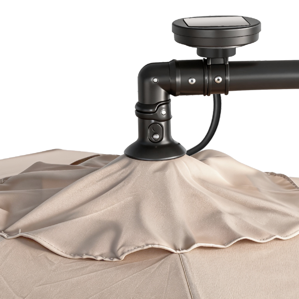 10FT 卡其色 香蕉伞 圆形 太阳伞 涤纶布 6铁伞骨 铁直杆弯杆 带立柱脚筒 十字底座 带18灯珠-9