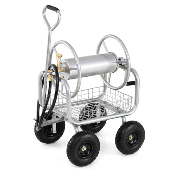 重型花园软管卷盘车，带10英寸气动轮，大容量软管卷取机，带储物篮和黄铜配件 -  银色-3