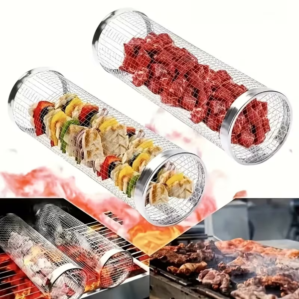 2个超大号户外烧烤用滚动烧烤篮Bbq网管不锈钢大圆网旋转烧烤筒笼蔬菜蔬菜蔬菜鱼肉食品野餐烹饪配件，礼品-4