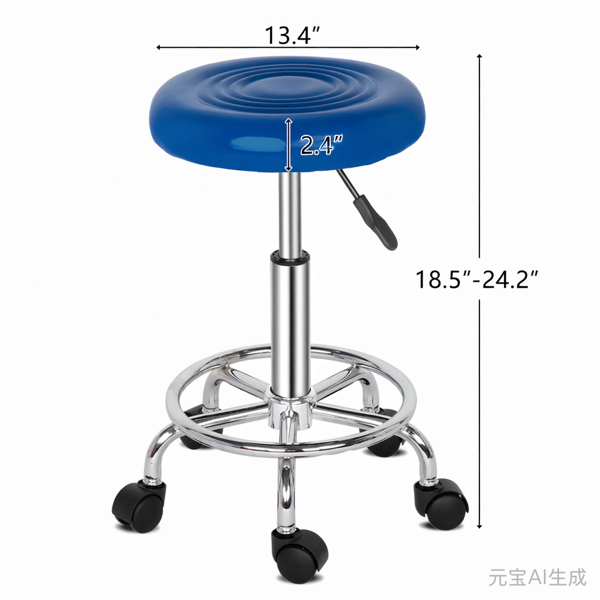 半PU皮 SGS认证气杠 尼龙轮 150kg 蓝色 技师凳 圆形坐垫 哈哈脚-3