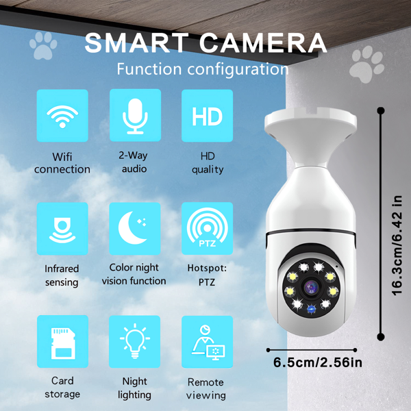 灯泡安全摄像头户外2包高清无线5GHz/2.4GHz WiFi家庭网络摄像头E27 360度全景、运动检测和报警、双向音频、夜视-4