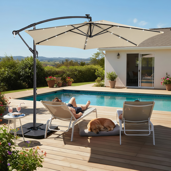 10FT 卡其色 香蕉伞 圆形 太阳伞 涤纶布 6铁伞骨 铁直杆弯杆 带立柱脚筒 十字底座 带18灯珠-28