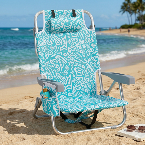 1pcs 座高8.5in 青色部落花纹 铝沙滩椅 带头枕 双肩带 二合一布杯托侧袋 背部冰包 连体牛津布有横杆五档调节可平躺铝沙滩椅8.5"-1 63*109*84cm 120kg-10