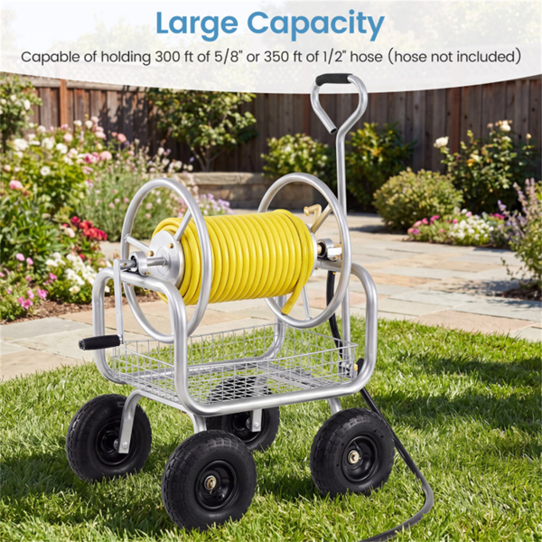 重型花园软管卷盘车，带10英寸气动轮，大容量软管卷取机，带储物篮和黄铜配件 -  银色-13
