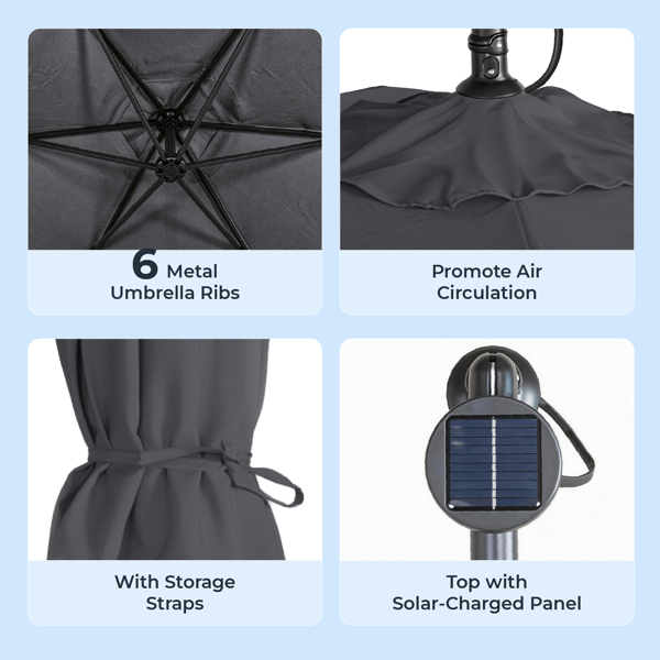 10FT  灰色 香蕉伞 圆形 太阳伞 涤纶布 6铁伞骨 铁直杆弯杆 带立柱脚筒 十字底座 带18灯珠-22