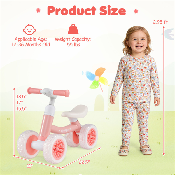 4轮儿童平衡自行车，带发光轮，3级可调高度幼儿推车，带安全转向限制的无踏板滑行自行车-粉色-5