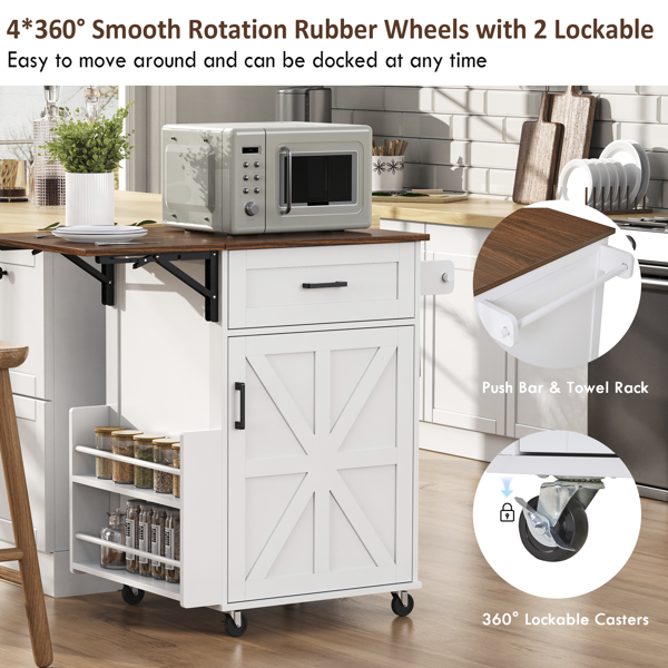39.3英寸乡村风厨房岛台（带折叠延伸板）——厨房收纳岛车，配有侧边开放式置物架、抽屉、毛巾架及带锁滚轮；适用于厨房、庭院及花园，白色-26