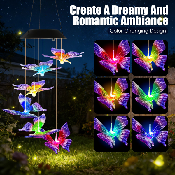 （自提可发加拿大，temu&tk下自提单）2件装户外太阳能风铃，太阳能蝴蝶风铃，变色LED风铃灯，IPX4级防水，适用于花园、露台和阳台的户外悬挂装饰-6