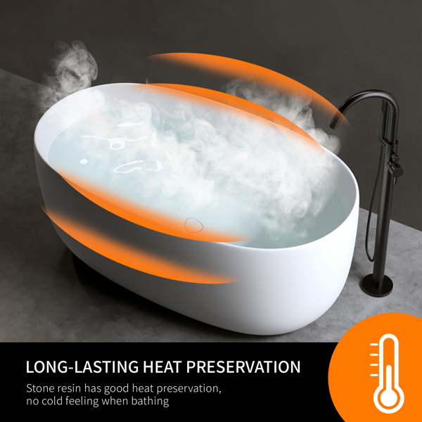 47英寸哑光人造石浴缸，独立式人造石树脂浴缸，哑光白色人造石浸泡浴缸，带溢流口和弹出式排水口的独立式浴缸-4