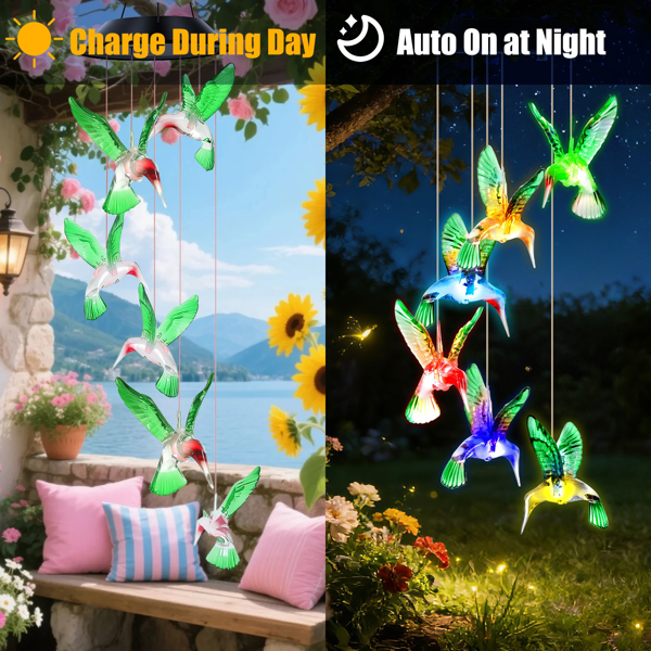 （自提可发加拿大，temu&tk下自提单）蜂鸟造型太阳能风铃，带变色LED灯，防水太阳能风铃，适用于户外花园、露台、阳台及门廊家居装饰，是送给妈妈和女性的圣诞节理想礼物-2pcs-5