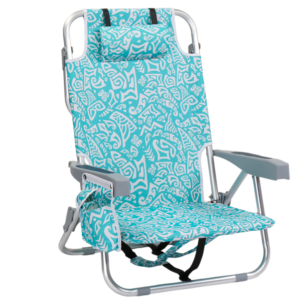 1pcs 座高8.5in 青色部落花纹 铝沙滩椅 带头枕 双肩带 二合一布杯托侧袋 背部冰包 连体牛津布有横杆五档调节可平躺铝沙滩椅8.5"-1 63*109*84cm 120kg-3