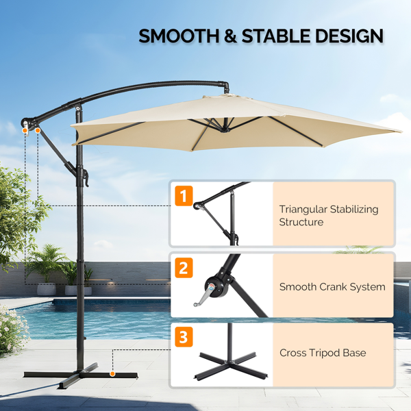 10FT 卡其色 香蕉伞 圆形  太阳伞 涤纶布 6铁伞骨 铁直杆弯杆 带立柱脚筒 十字底座-17