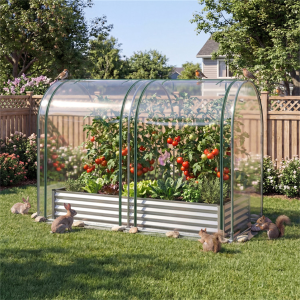 三合一高架花园床，带温室盖130加仑镀锌金属花盆箱 - 银色-9