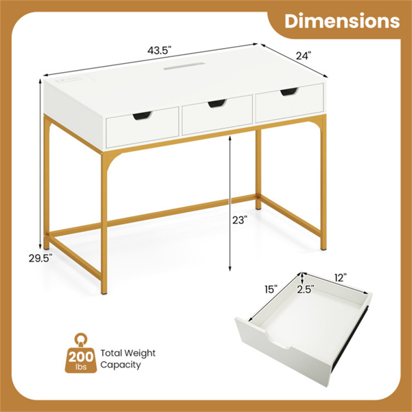 43.5英寸家庭办公桌，内置充电站和3个抽屉隐藏隔间-4